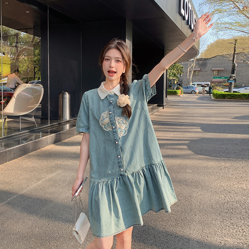 新中式国风牛仔连衣裙女2024夏季新款小个子高级感衬衫POLO短裙子,女装孕妇装,菡迪欧娜