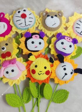 成品手工编织太阳花网红公仔卡通动物头花束玩偶教师节日礼物