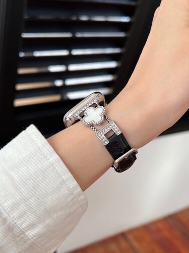 四叶草圆鳄纹真皮表带适用苹果手表iwatch10代987654Ultra/SE