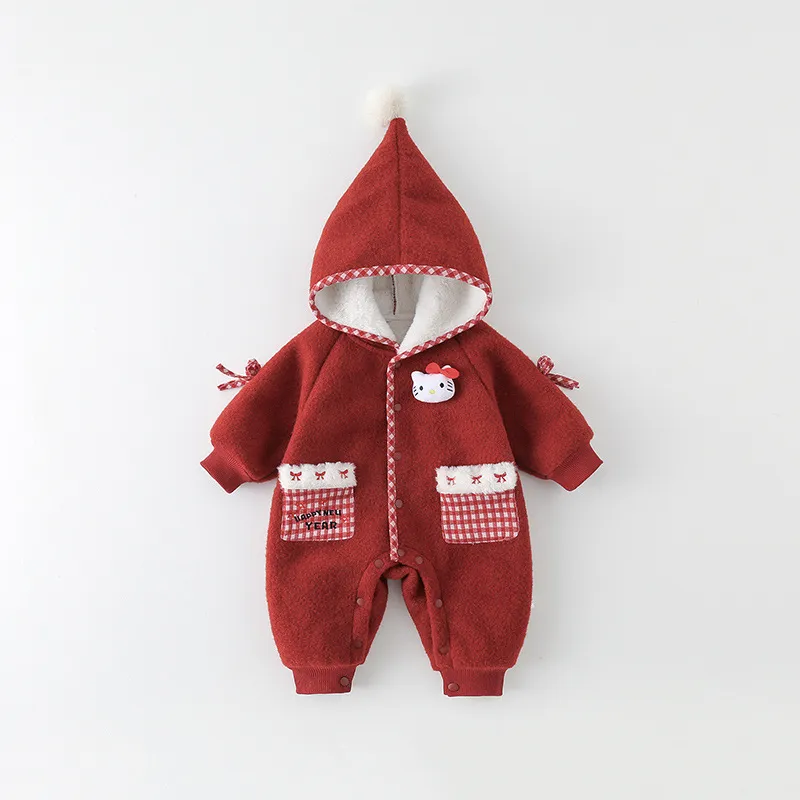 婴儿冬装加厚夹棉棉衣满月百天超洋气冬季连体衣宝宝连帽外出棉服