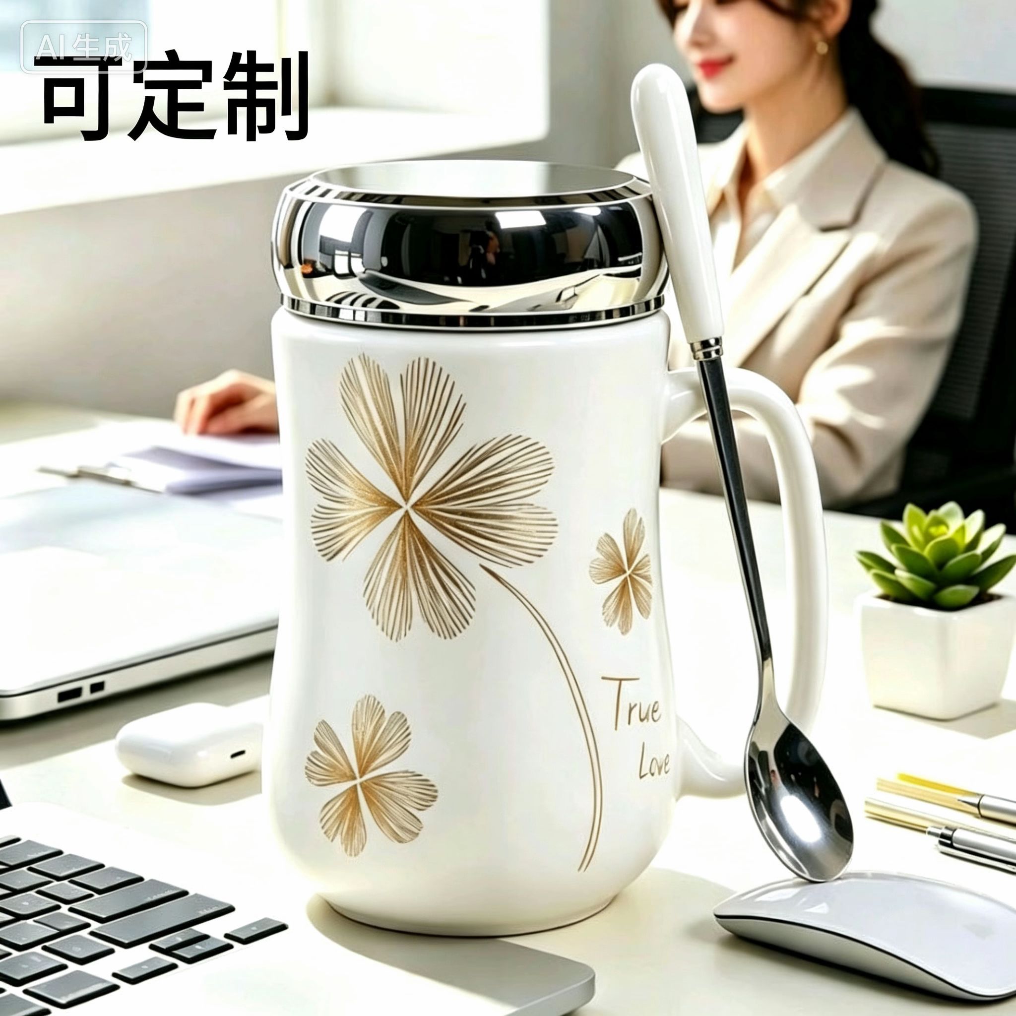 简约白色陶瓷杯子耐热上班族女办公室白领喝水杯马克杯带盖勺定制图片