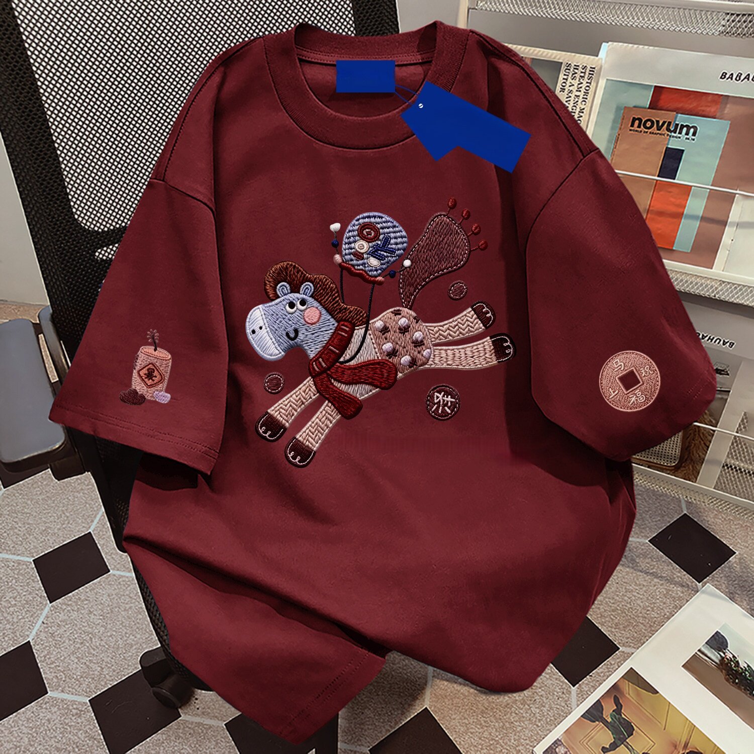 韩系ins休闲宽松仿刺绣小马印花纯棉短袖T恤男女夏季高街潮牌上衣