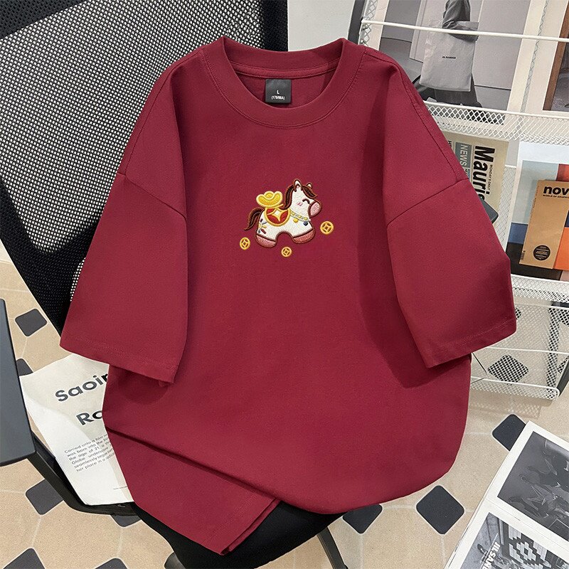 韩系ins休闲宽松仿刺绣小马印花纯棉短袖T恤男女夏季高街潮牌上衣