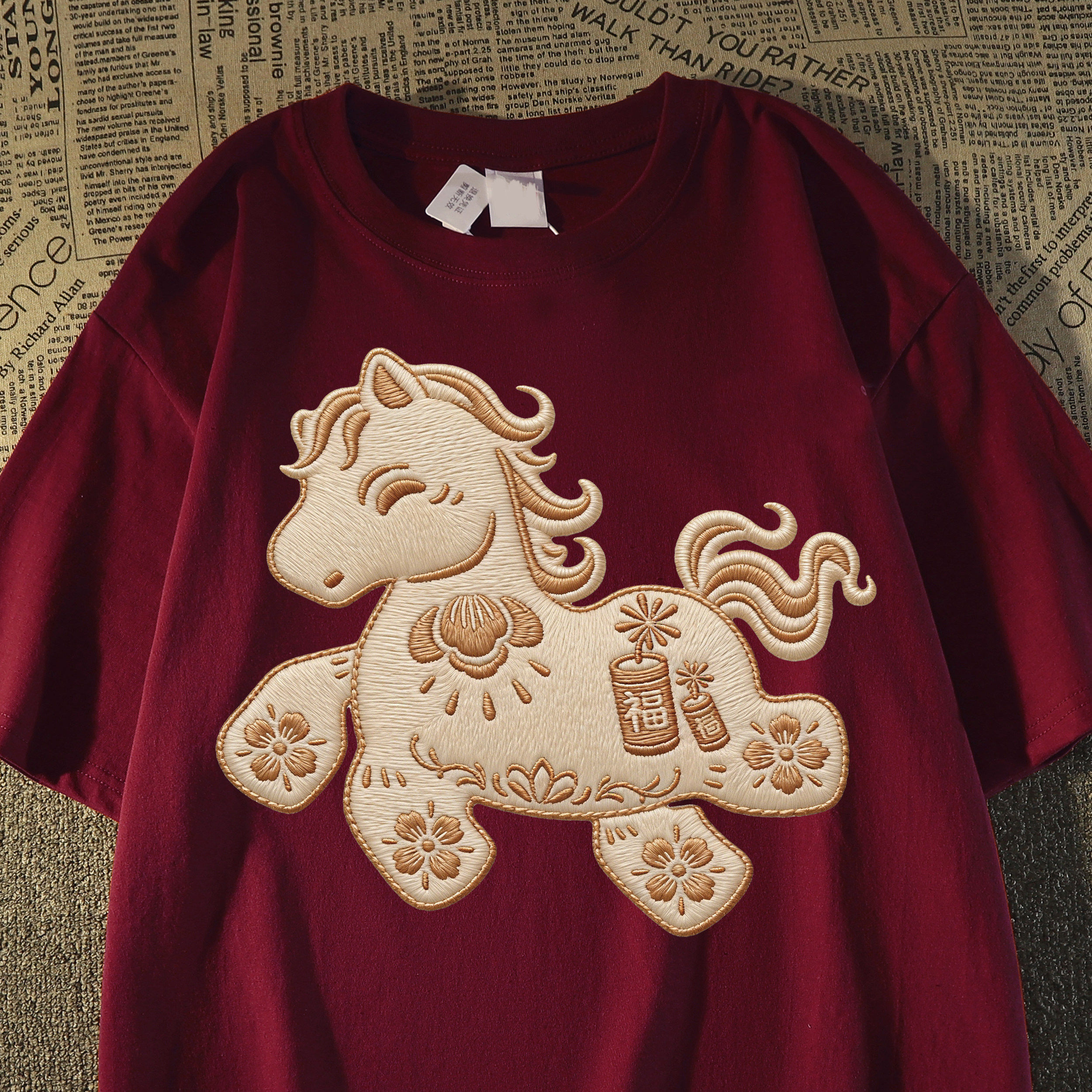 韩系ins休闲宽松仿刺绣小马印花纯棉短袖T恤男女夏季高街潮牌上衣