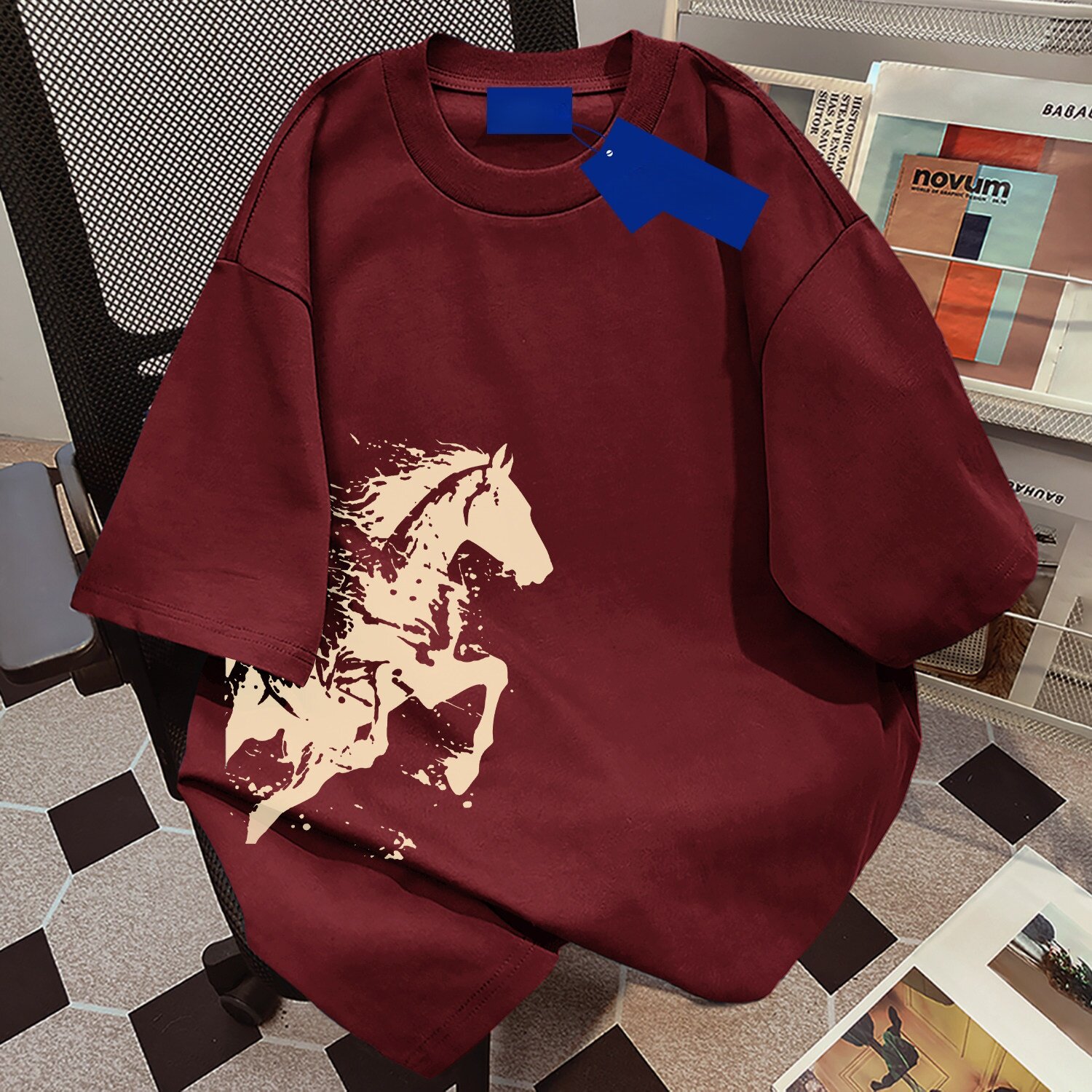 韩系ins休闲宽松仿刺绣小马印花纯棉短袖T恤男女夏季高街潮牌上衣