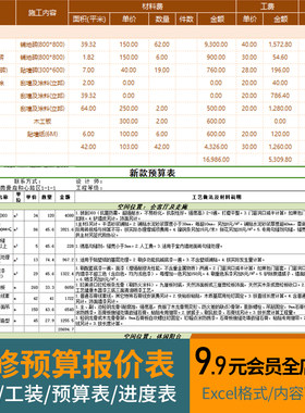 家装室内装修预算报价表工装施工工程材料价格表清单半包全包模板