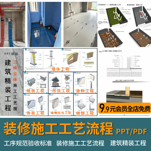 装修施工工艺流程手册室内家装水电泥工防水木工油漆工序规范资料
