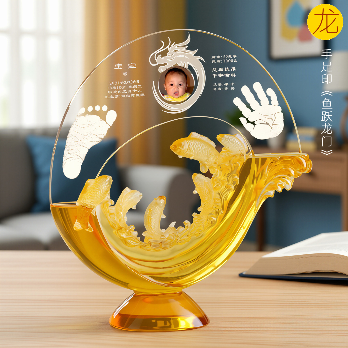 吉祥童子龙宝宝礼物出生定制手足印手脚印婴儿纪念品鱼跃龙门2024