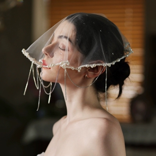 小众款遮面纱高透水滴纱法式手工串珠流苏写真样片拍照新娘头纱