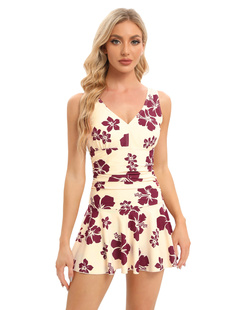 2023新款保守欧美大码泡温泉连体泳衣 印花平角裤裙式连体泳衣