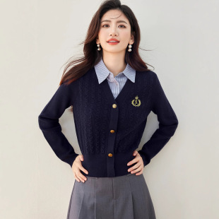 针织衫 设计感软糯显瘦外套 女拼接假两件上衣2025春季 学院风毛衫