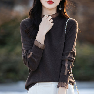 洋气2024春秋新款 精纺羊毛针织衫 女拼接蕾丝木耳边纯色打底衫