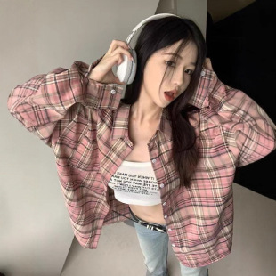 美式复古粉色格子长袖衬衫外套女早秋季设计感小众常规款开衫上衣