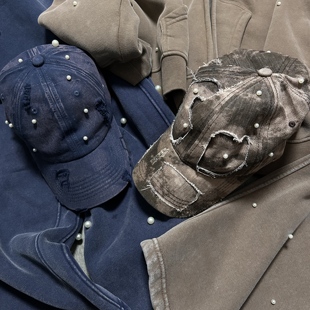 LIFEGOESON 25AW Pearl-Embellished Cap 珍珠装饰洗水做旧棒球帽