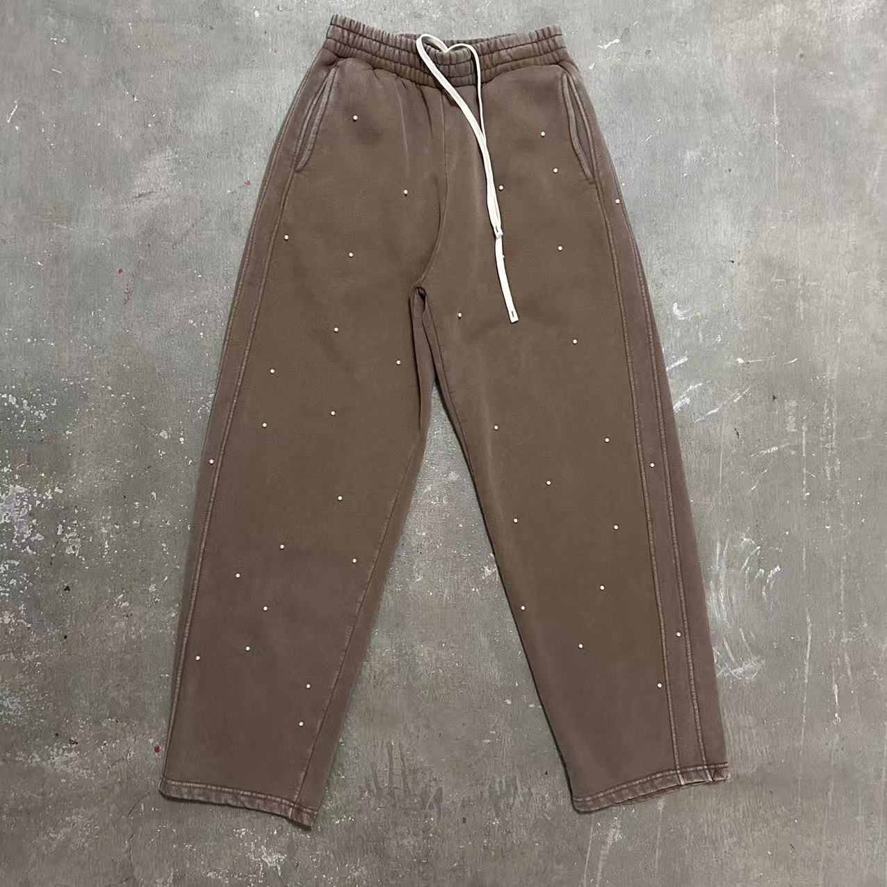 手订珍珠洗水蜡染卫裤棕色