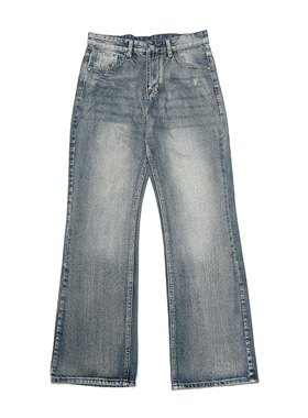 竹节料Vibe 美式复古做旧水洗磨白牛仔裤 高街休闲宽松喇叭裤3109