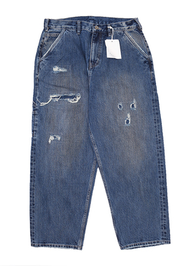 重磅赤耳垮牛 日式复古做旧水洗破洞补丁牛仔裤 宽松阔腿长裤VK23