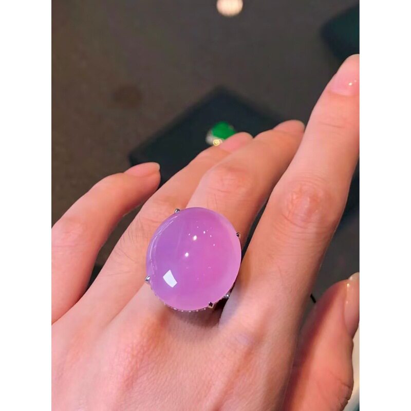 冰种蛋面紫罗兰翡翠戒指老坑缅甸a货18k金镶嵌鸽子蛋女款
