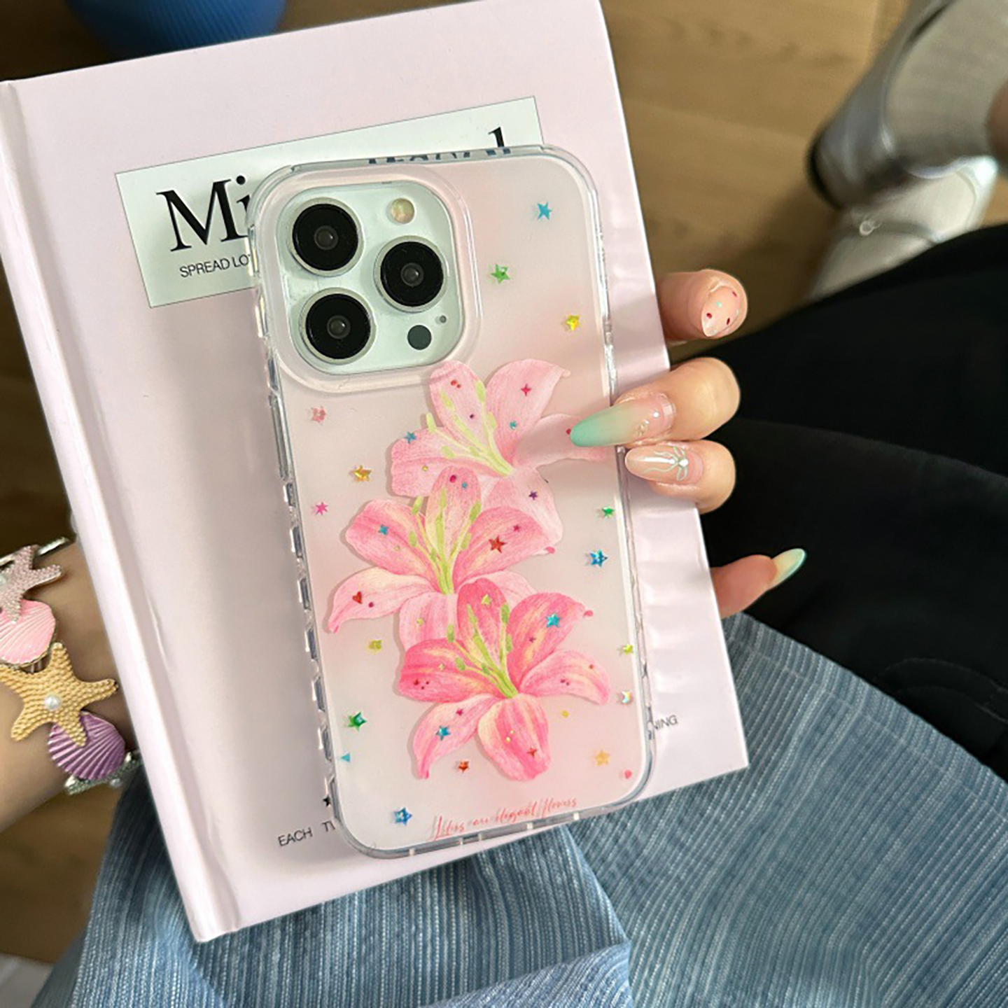 宁宁 甜美少女彩钻星星粉色百合花双层女iPhone16Pro Mobile Case