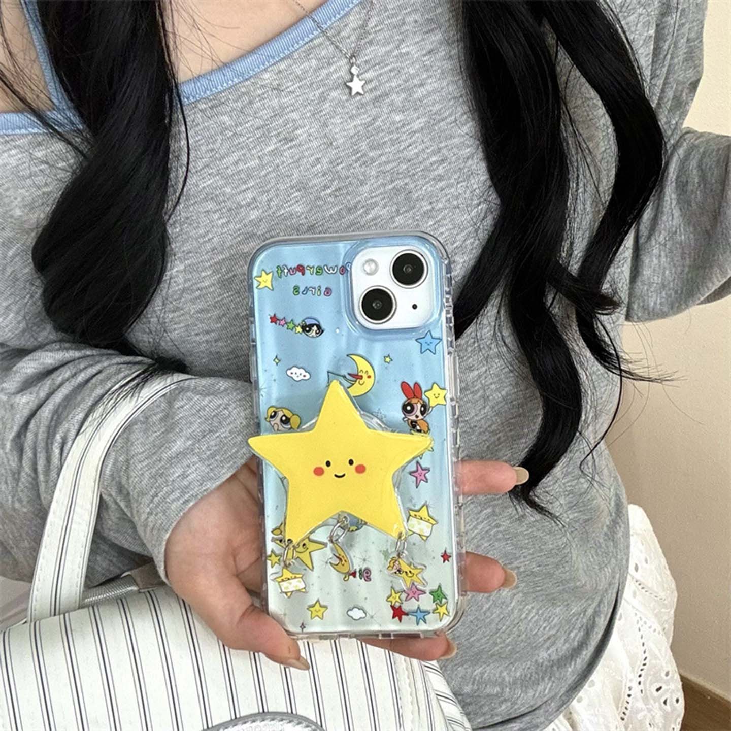宁宁 卡通蓝色渐变星星女警星星支架女款iPhone16Pro Mobile Case