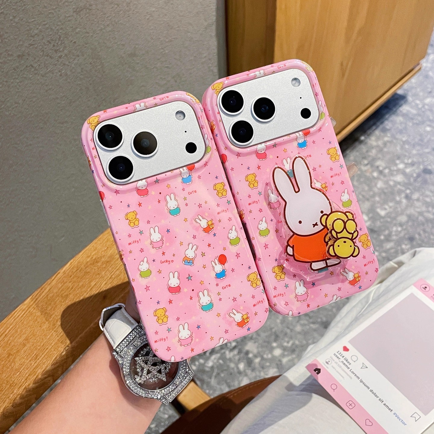 宁宁 可爱卡通米菲兔旋转支架双层防摔女iPhone17Pro Mobile Case