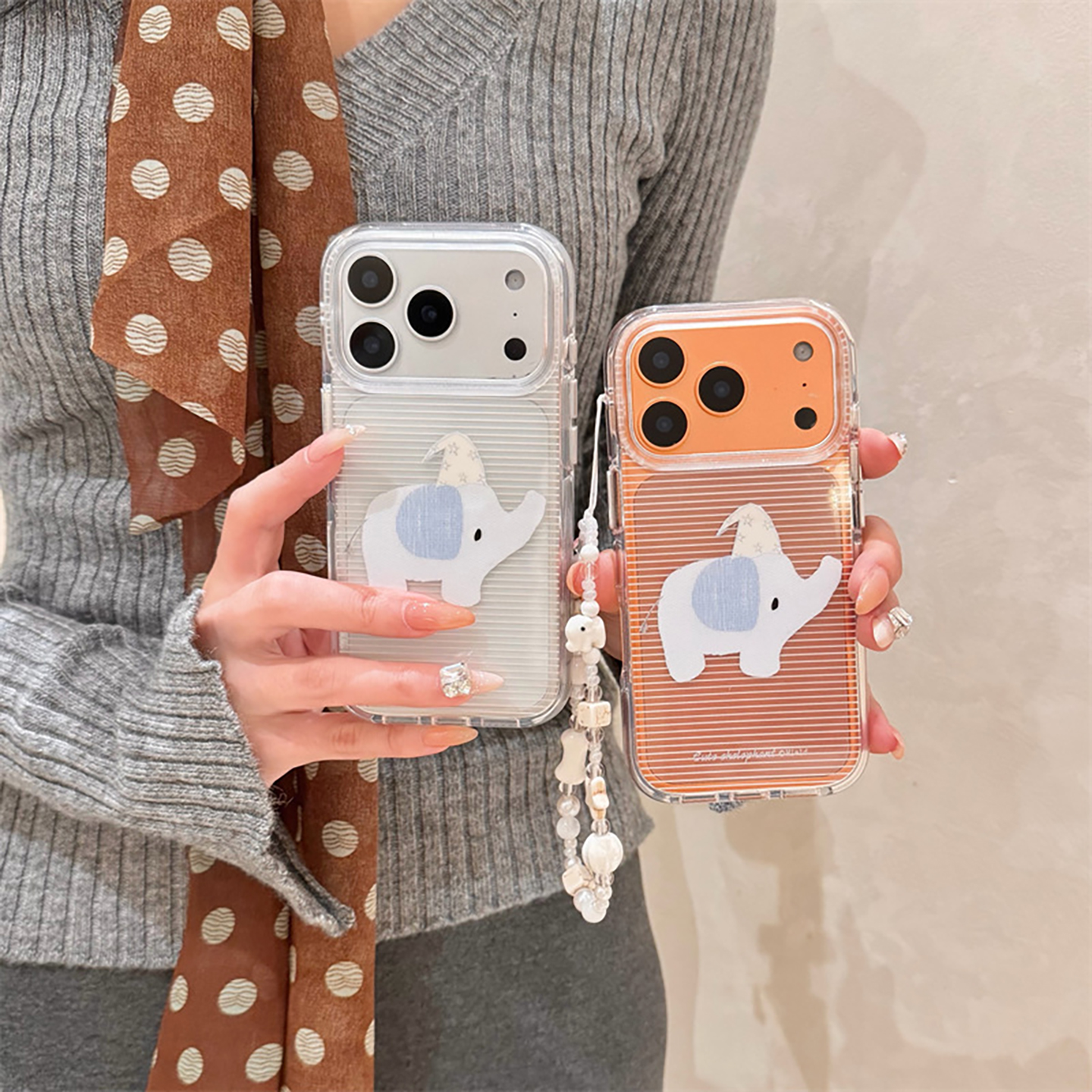 宁宁 韩系白条纹可爱帽子小象带链条双层女iPhone17ProMobileCase