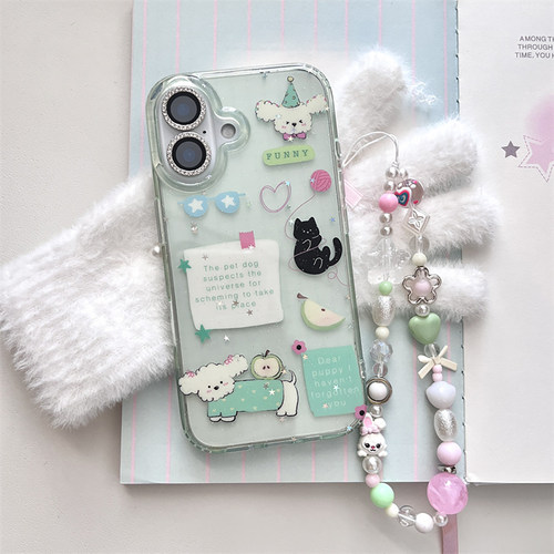宁宁 清新可爱青苹果小狗便签带链条双层女iPhone16ProMobileCase