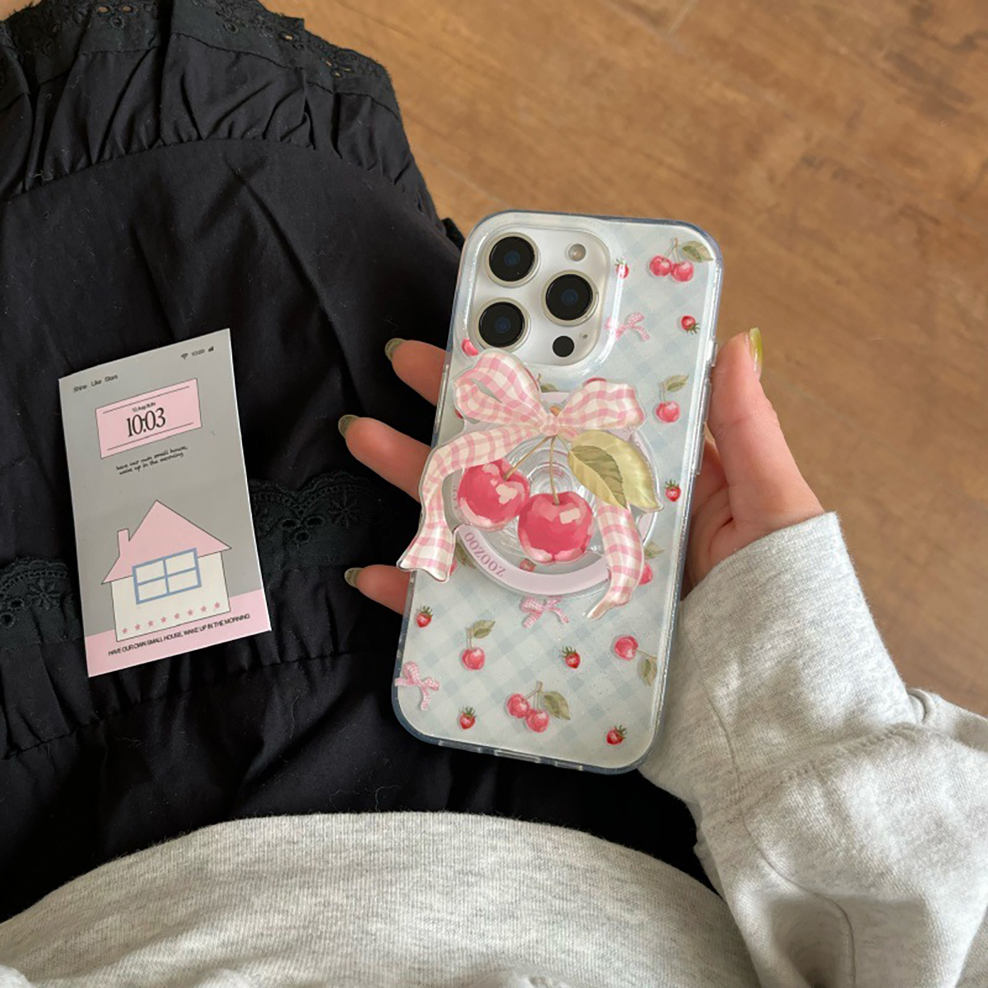 宁宁 少女蝴蝶结樱桃磁吸支架双层防摔女iPhone16Pro Mobile Case