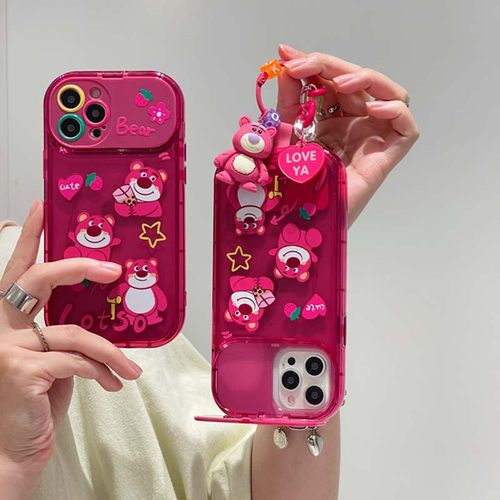 宁宁 可爱卡通草莓熊挂饰带支架补妆镜子女iPhone15ProMobilecase
