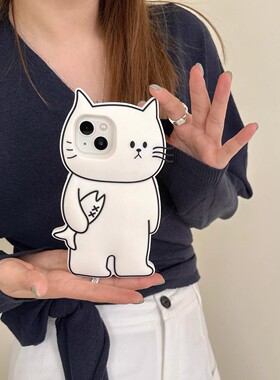 宁宁 趣味可爱白色抱鱼猫咪立体硅胶软女iPhone16Pro Mobile Case