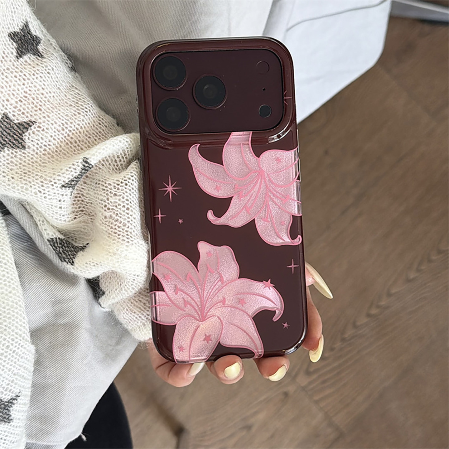 韩系复古酒红色百合花适用iphone18Promax苹果17手机壳16双层15女