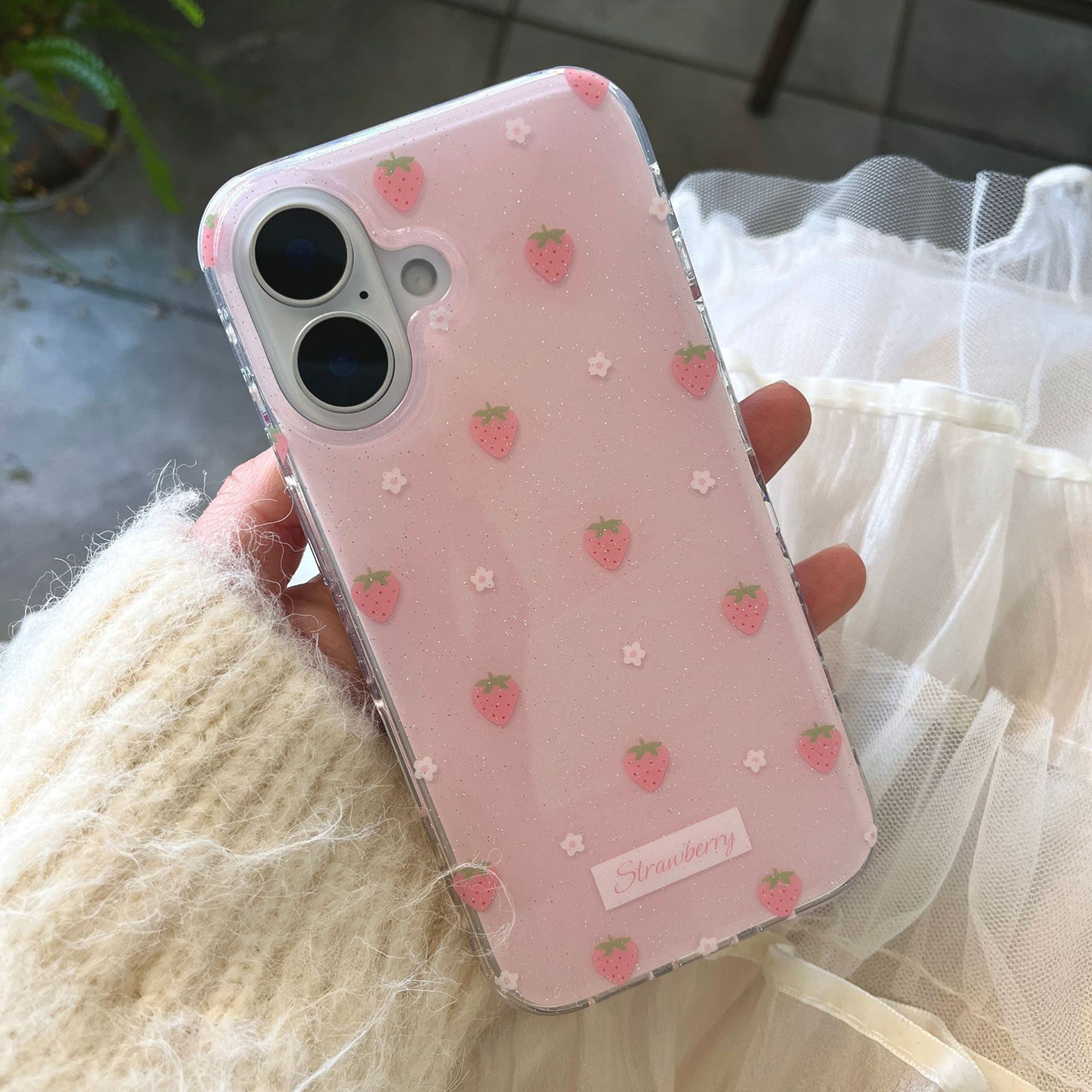 宁宁 甜美粉色闪粉花朵草莓双层光面质感女iPhone17ProMobileCase,收纳整理,手机收纳盒,淘宝优惠券,粉丝福利购,淘宝优惠卷