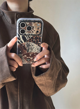 宁宁 甜酷辣妹拼接豹纹斑马纹双层光面女iPhone17Pro Mobile Case