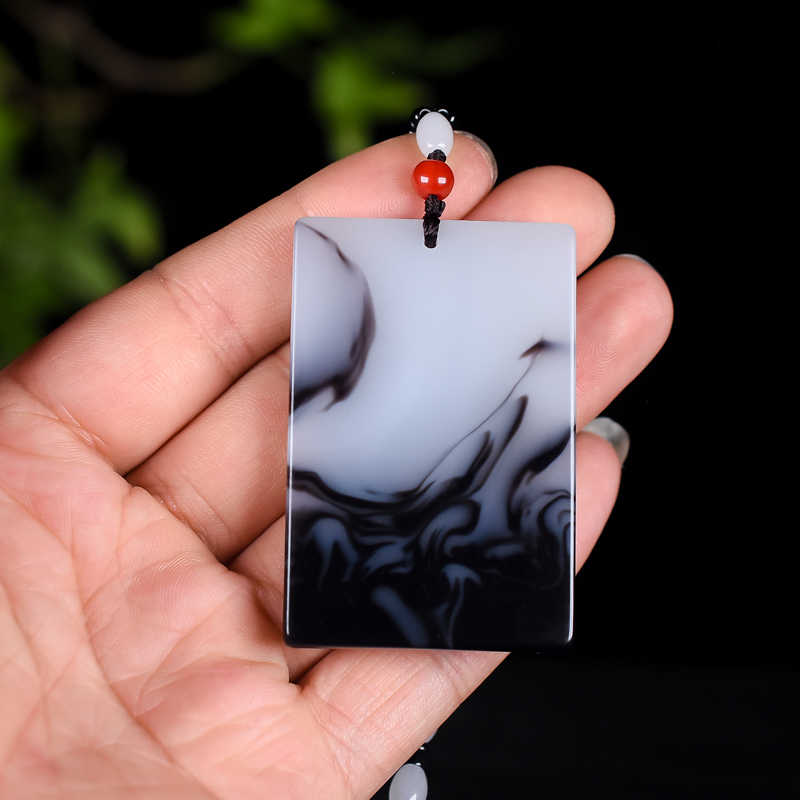 新疆和田玉青花玉平安无事牌项链吊坠男女款挂件花色毛衣链