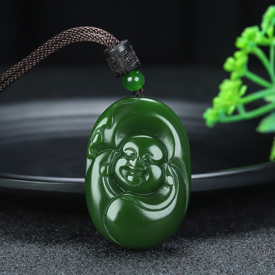 天然和田玉碧玉佛公吊坠挂件碧玉笑佛玉坠碧玉平安弥勒佛玉佩项链