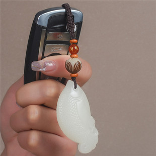 新疆和田玉鱼钥匙吊坠籽料羊脂白玉鱼包挂件连年有余玉坠玉鱼项链