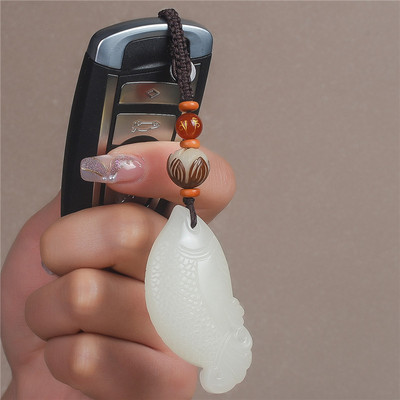 新疆和田玉鱼钥匙吊坠籽料羊脂白玉鱼包挂件连年有余玉坠玉鱼项链