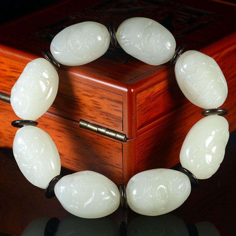 新疆和田玉八仙手链白玉佛头八仙过海手串天然玉石八仙手串手镯