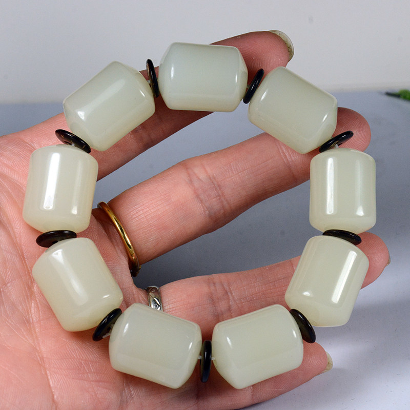 新疆和田玉手串手链白玉桶珠手串男女款原石路路通手链手镯配饰