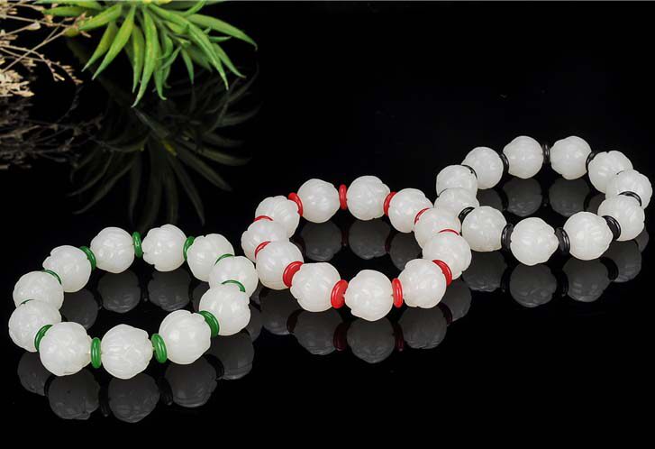 新疆和田玉大珠子莲花手链羊脂级白玉圆珠手串男女款玉手串玉手链