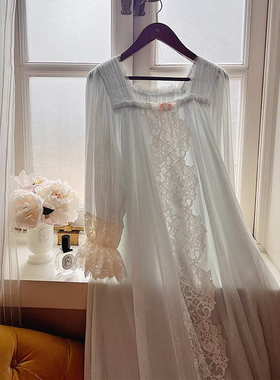 绝美法式仙女睡裙！欧式复古蕾丝拼接喇叭袖宽松棉质唯美公主睡衣