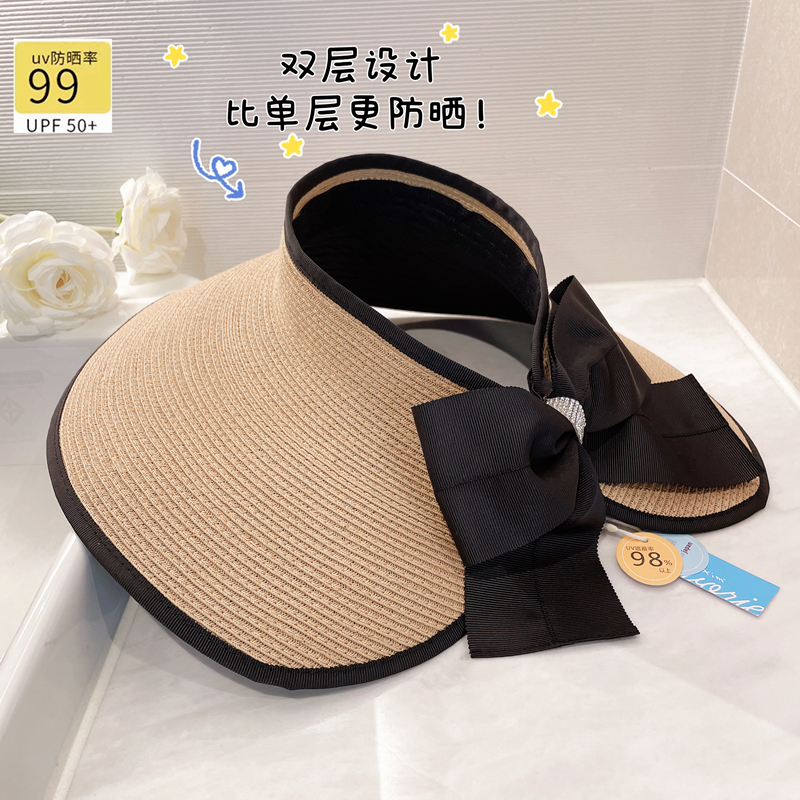 日本贵牌空顶草帽女防紫外线遮阳黑胶甜美蝴蝶结帽子夏季款可收纳