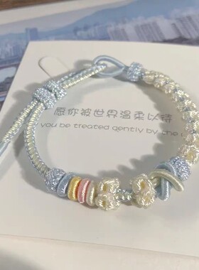手工编织酒窝结桃花编绳手链穿黄金银饰转运珠可爱红绳双联结