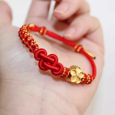 桃花如意结手绳可穿3D硬金通孔珠女小红书手工DIY红绳手链半成品