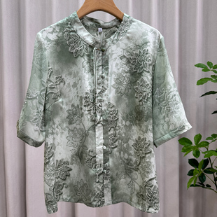 妈妈装夏季仿真丝衬衫中老年人女宽松洋气高贵中袖小衫新中式上衣