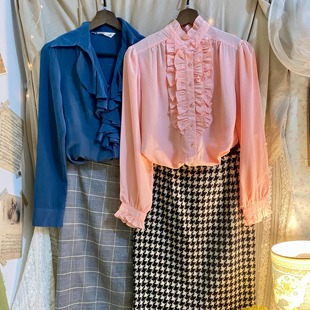 千鸟格半裙秋冬 新款 vintage古着复古法式 宫廷风蕾丝花边领衬衫