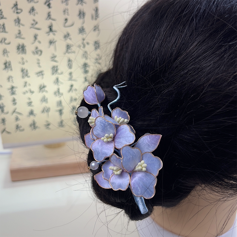 非遗纯手工绒花淡薰衣草紫桑蚕丝花叶新中式旗袍出游灵动俏皮发饰