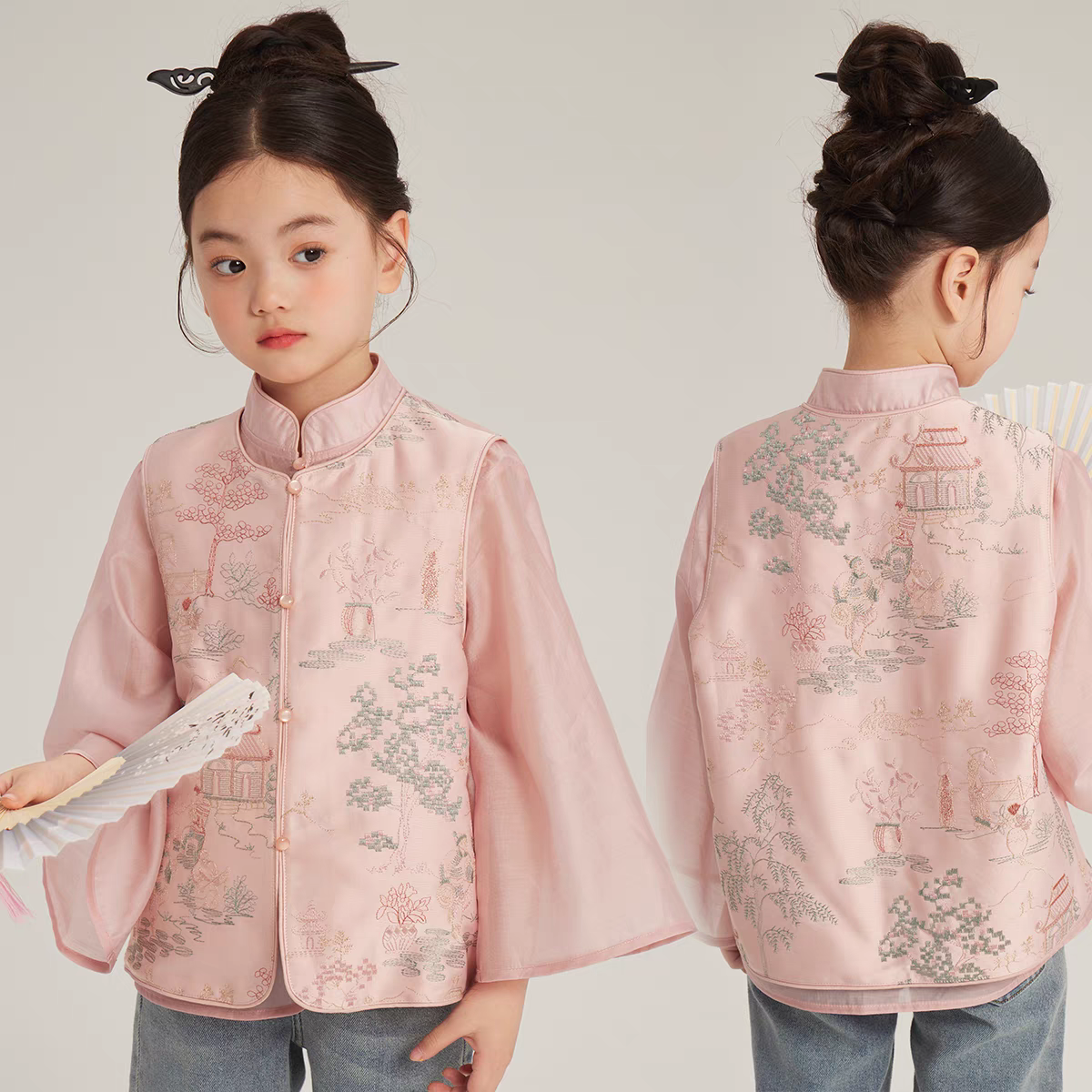 152女套装通用马甲衬衣儿童新中式汉服套装款儿童国风裁剪图纸样