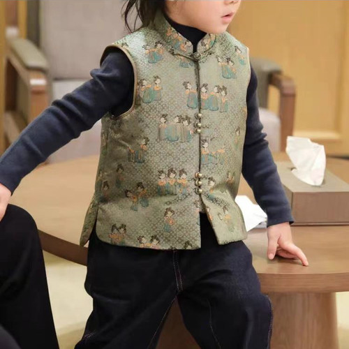 教程204男女通用儿童儿童宋锦盘扣马甲背心裁剪纸样坎肩装裁剪图
