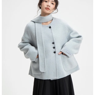 视频425围脖飘带双面羊绒大衣女短款小外套做衣服装裁剪图板纸样